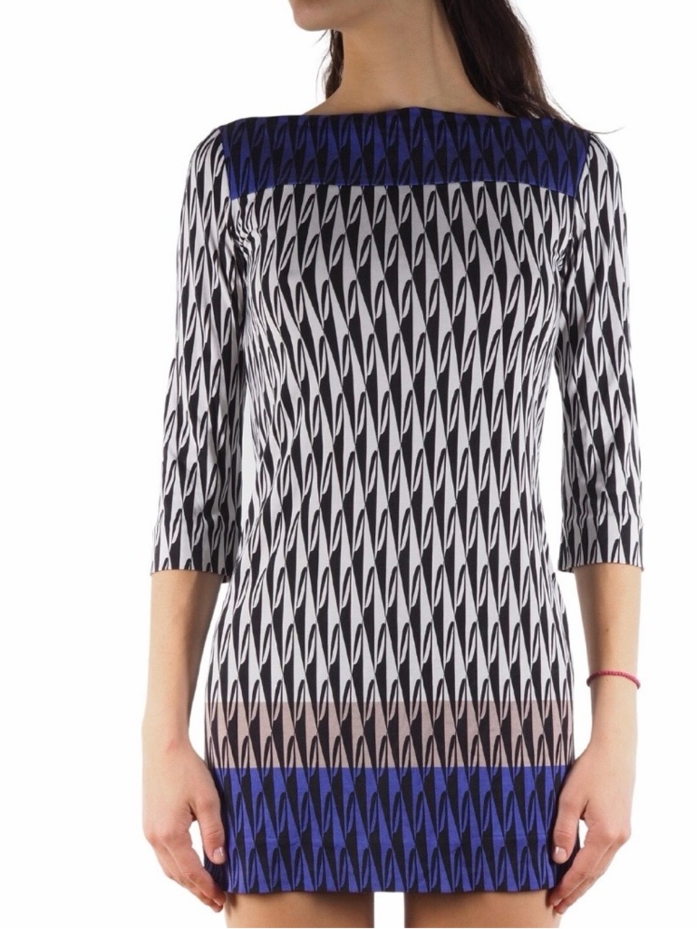 100% silk Jersey knit Diane von Furstenberg Black Blue Geometric mini Dress 12
